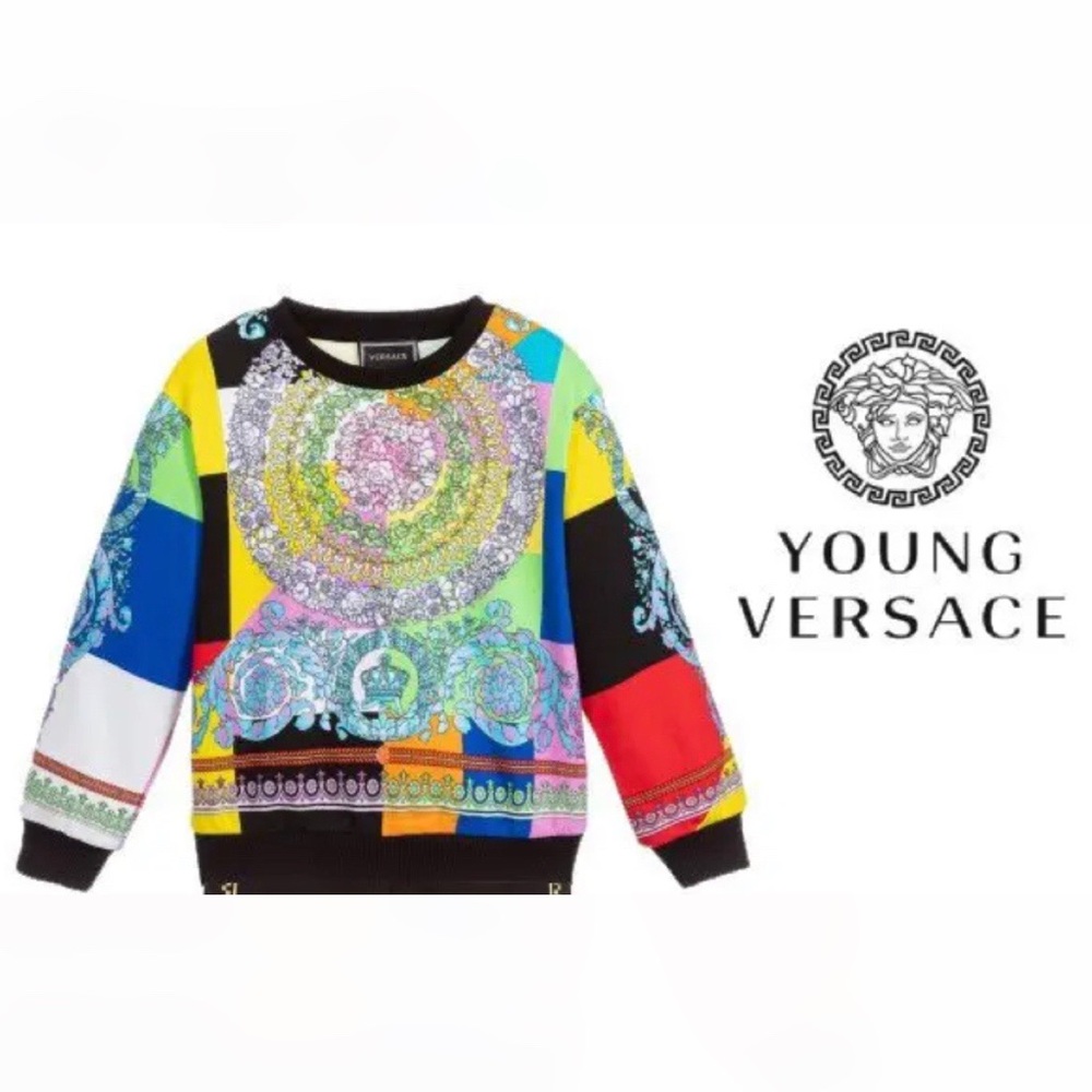 Young Versace Baroque Multi Color Sweater size 8 kids in worn once.